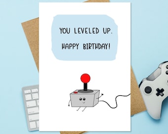 Funny Video Game Birthday Card, Cute Birthday Card, Leveled Up Joystick Card, Card for Gamer, Husband Birthday, Son Birthday, Kawaii Card