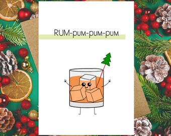 RUM-Pum-Pum-Pum Cute Christmas Card | Christmas Pun Card | Cute Kawaii Christmas | Funny Christmas Card | Handmade Holiday Greeting Card