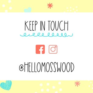 a white square with the words keep in touch and hello mosswood