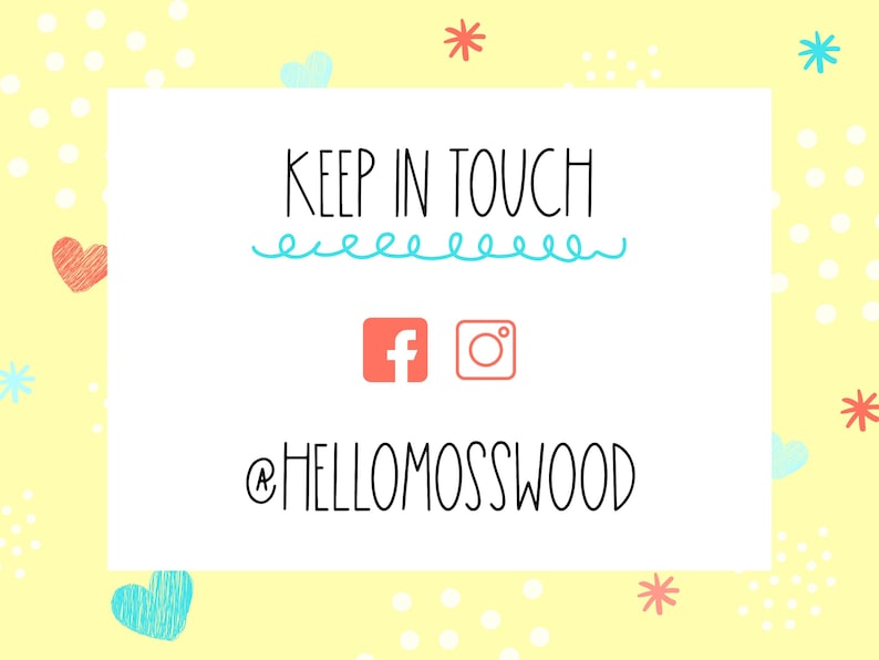 a white square with the words keep in touch and hello mosswood