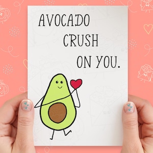 Avocado Crush On You Funny Pun Card | Cute Card | Love Card | Anniversary Card | Valentine&#39;s Day Card | Handmade Greeting Card | Kawaii Card