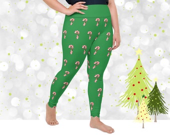 Women's Plus Size Candy Cane Christmas Leggings | Christmas Print Leggings | Holiday Clothing | Kawaii Leggings | Christmas Pajamas