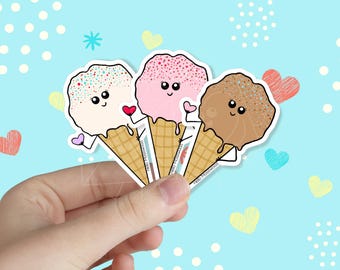 Ice Cream Cone Waterproof Vinyl Sticker | Cute Kawaii Stickers | Water Bottle Sticker | Laptop Sticker | Sticker Set | Food Stickers