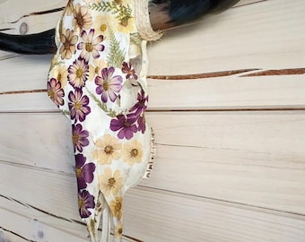 CUSTOM* Pressed Floral Real Cow Skull ,Bouquet preservation,Wedding flower, Cow Skull with dried flowers, Cow Skull with flowers
