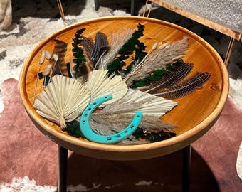 CUSTOM* Wooden Boho Western Epoxy Side Table , Boho Bouquet preservation, HorseShoe Table, Resin side table with Horseshoe
