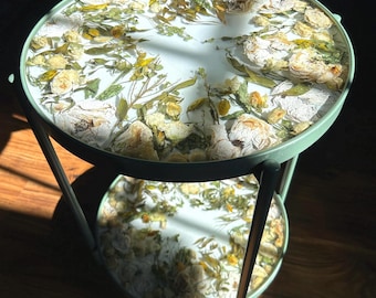 CUSTOM* 2 Tier Metal Rimmed Epoxy Side Table ,Bouquet preservation,Wedding flower, resin side table with dried flowers, Double layer table
