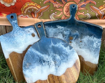 Ocean Beach Resin Art Arcadia Wood Cheese Board, Personalized Gift