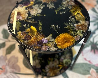 Premade -Ready to come home * 2 Tier Metal Rimmed Resin Side Table: Dried Wedding Flowers