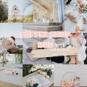 May include: A collage of images featuring a coffee shop theme. The images include a building with a white facade, a book with white roses, a basket of pink roses, a pink phone, a woman in a white dress, and a coffee shop sign that says 