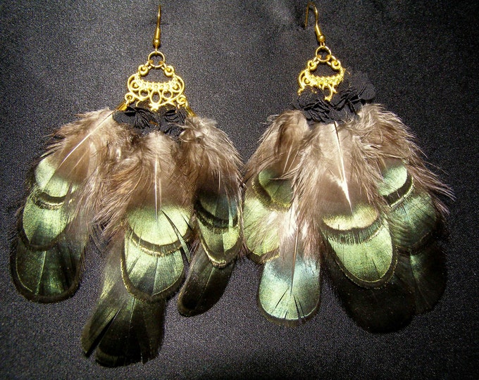 Boho Feather earrings, Feather earrings, Green Black earrings, Unique natural bird feathers, Festival Accessories, Christmas gift for her,