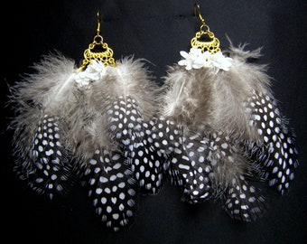 Feather earrings, Boho Feather earrings, Black and White, Unique natural feathers, Christmas gift for her