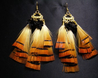 Feather earrings, Boho Feather earrings, Orange black colour, Unique natural bird feathers, Festival Accessories,Christmas gift for her