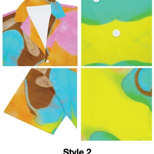 May include: A colourful button-up shirt with a tie-dye pattern in shades of pink, blue, yellow, and brown. The shirt has a collar and short sleeves. The text "Style 2" is printed below the image.