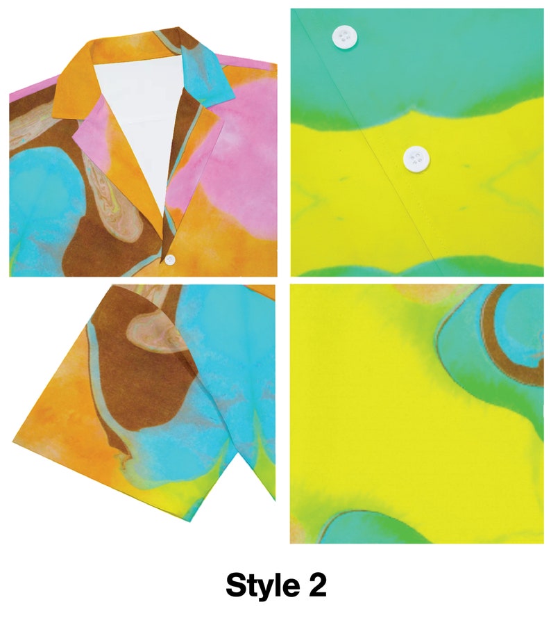 May include: A colourful button-up shirt with a tie-dye pattern in shades of pink, blue, yellow, and brown. The shirt has a collar and short sleeves. The text "Style 2" is printed below the image.