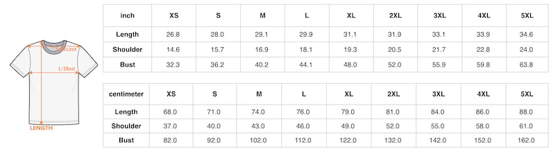 May include: Size chart for a t-shirt in inches and centimetres. The chart shows measurements for length, shoulder, and bust in sizes XS through 5XL.