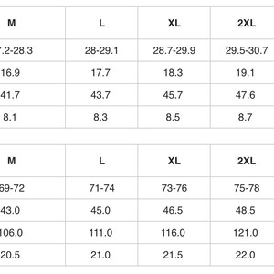 May include: Size chart for clothing in inches and centimetres. The chart shows measurements for length, shoulder, bust, and sleeve for sizes S through 5XL.
