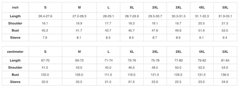 May include: Size chart for clothing in inches and centimetres. The chart shows measurements for length, shoulder, bust, and sleeve for sizes S through 5XL.