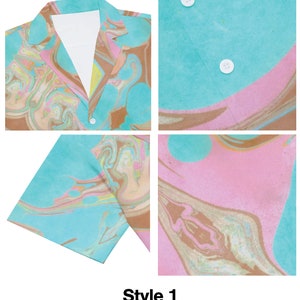 May include: A short-sleeved button-up shirt with a blue, pink and brown marbled pattern. The shirt has a white collar and a white button closure. The shirt is labelled "Style 1".