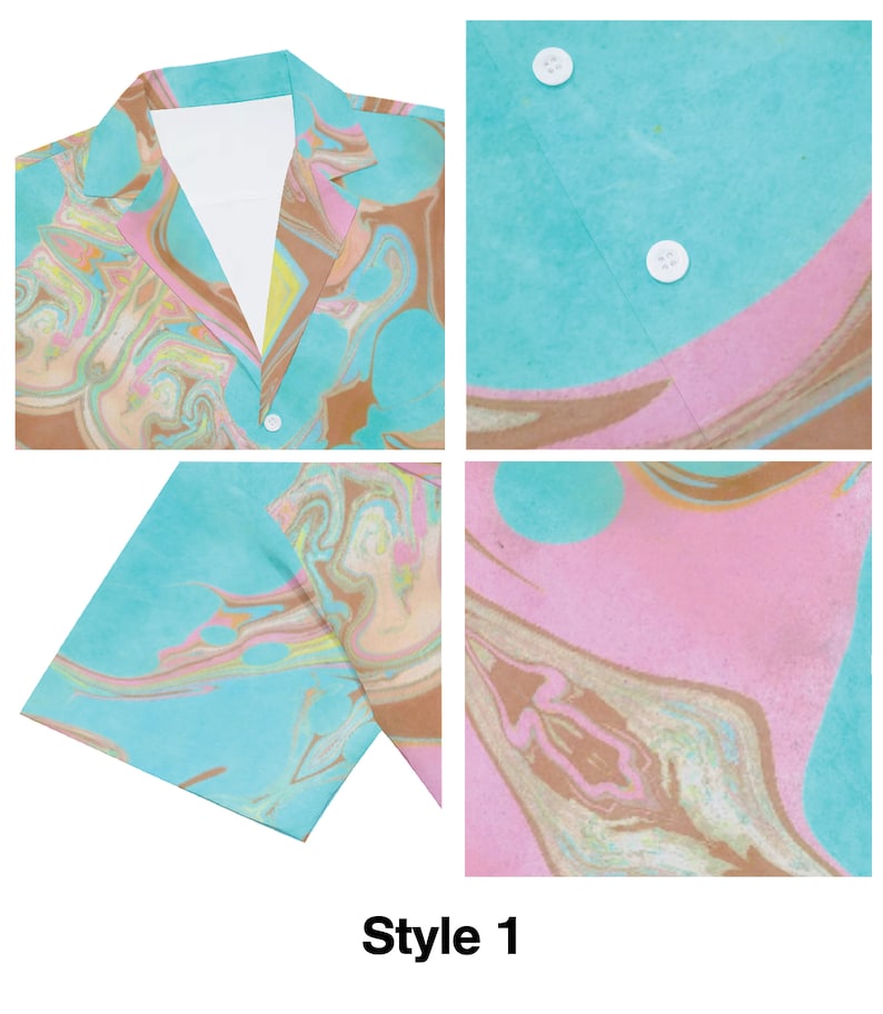 May include: A short-sleeved button-up shirt with a blue, pink and brown marbled pattern. The shirt has a white collar and a white button closure. The shirt is labelled "Style 1".