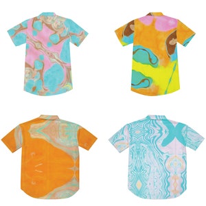 May include: Four short-sleeved shirts with different abstract marbled patterns in shades of blue, pink, yellow, and orange.
