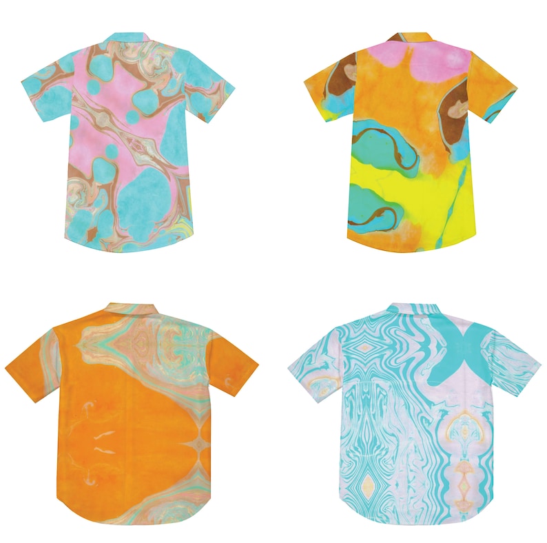 May include: Four short-sleeved shirts with different abstract marbled patterns in shades of blue, pink, yellow, and orange.