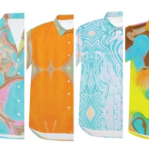 May include: Four short-sleeved button-up shirts with different abstract marbled patterns in shades of pink, blue, yellow, orange, and brown.