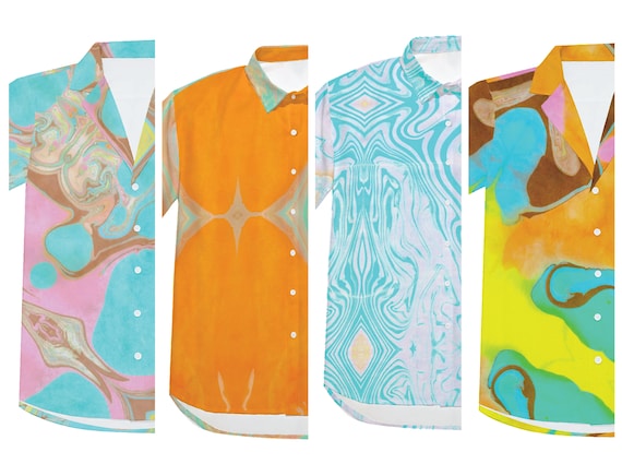 Marbled Shirt - Mens Buttondown Short Sleeve Button Up Suminagashi Print - Quality Collared Formal Casual Colorful Orange Blue Up to 5XL