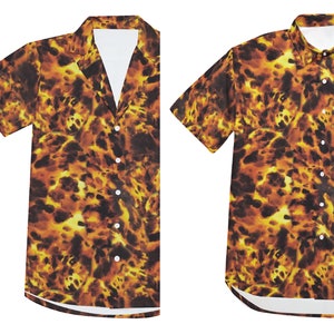 べっ甲柄シャツ - メンズ ボタンダウン 半袖 ボタンアップ ファイヤープリント - 高品質 襟付き フォーマル カジュアル カラフル 5XLまで