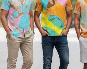 Marbled Shirt - Mens Buttondown Short Sleeve Button Up Suminagashi Print - Quality Collared Formal Casual Colorful Orange Blue Up to 5XL