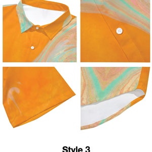 May include: A yellow short-sleeved button-down shirt with a colourful abstract print. The shirt has a white collar and a white inner lining. The print features swirls of orange, pink, and green.