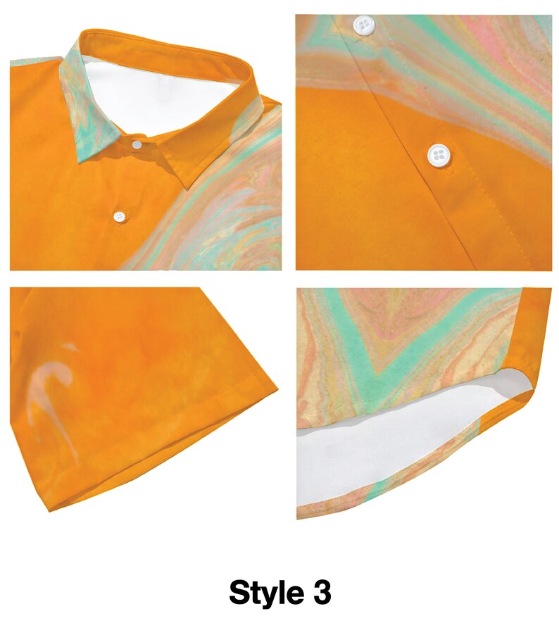 May include: A yellow short-sleeved button-down shirt with a colourful abstract print. The shirt has a white collar and a white inner lining. The print features swirls of orange, pink, and green.