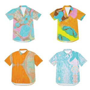May include: Four short-sleeved button-down shirts with abstract patterns in shades of blue, pink, yellow, and orange.