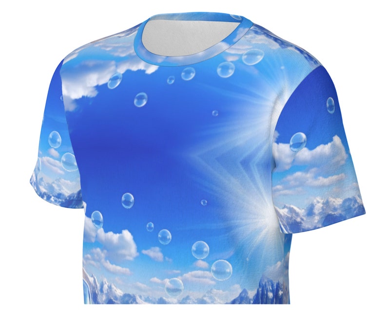 May include: A blue t-shirt with a sky and clouds print featuring white bubbles. The shirt has short sleeves and a crew neck.