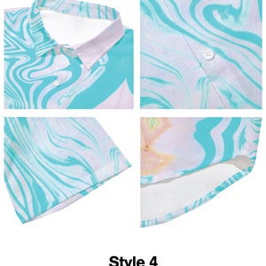 May include: A light blue and white short-sleeved button-down shirt with a swirling marble pattern. The shirt has a collar and a button closure. The shirt is made of a lightweight fabric and is perfect for warm weather.