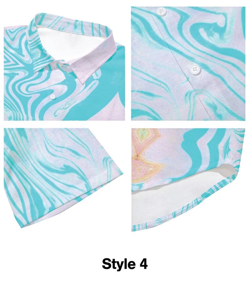 May include: A light blue and white short-sleeved button-down shirt with a swirling marble pattern. The shirt has a collar and a button closure. The shirt is made of a lightweight fabric and is perfect for warm weather.