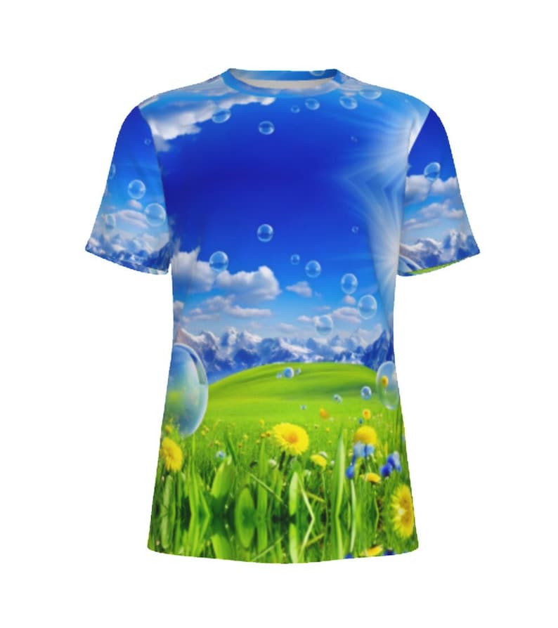 May include: A blue and green t-shirt featuring a graphic print of a field of grass, flowers, and mountains with soap bubbles floating in the sky.