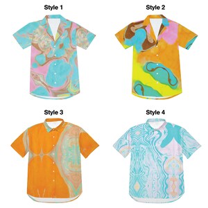 May include: Four different styles of short-sleeved shirts with abstract marbled patterns in shades of blue, pink, yellow, orange, and brown. The shirts have a button-down collar and a relaxed fit.