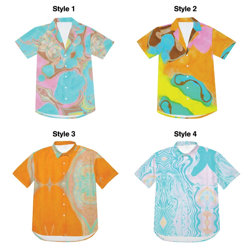 May include: Four different styles of short-sleeved shirts with abstract marbled patterns in shades of blue, pink, yellow, orange, and brown. The shirts have a button-down collar and a relaxed fit.