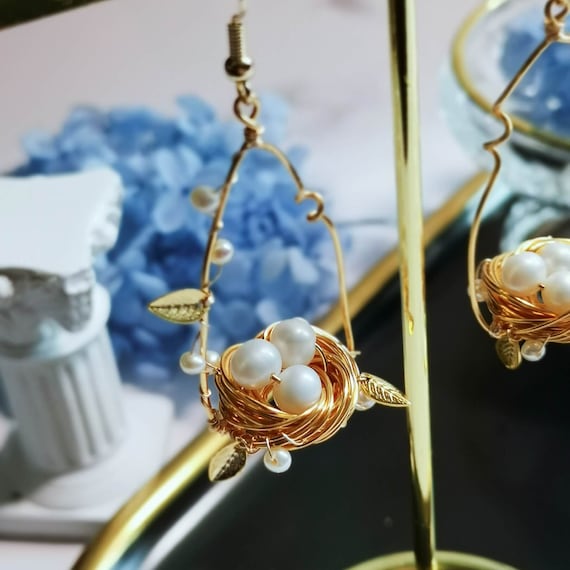 Unique Handcrafted Gift Bird Nest Stud Earrings Wire Wrapped Gold with White Pearl Eggs