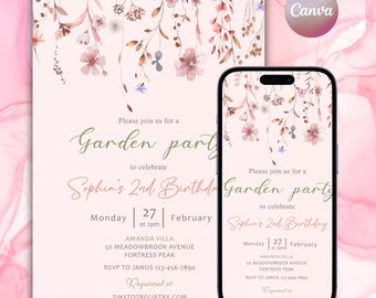Birthday Invitation Canva Template, Editable Floral Garden Party Invite, Printable Digital Download