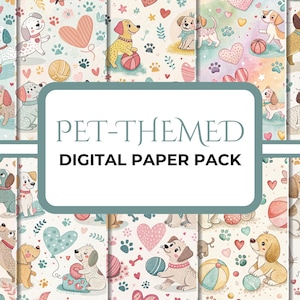 Puede incluir: Un paquete de papel digital con una variedad de ilustraciones de perros lindos. Los patrones presentan perros jugando con pelotas, corazones, huesos e hilo. El texto "PET-THEMED DIGITAL PAPER PACK" se muestra en el centro de la imagen.