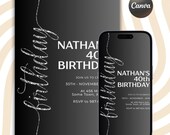 Modern Birthday Invitation, Silver Glitter, Black Background (Editable Canva)