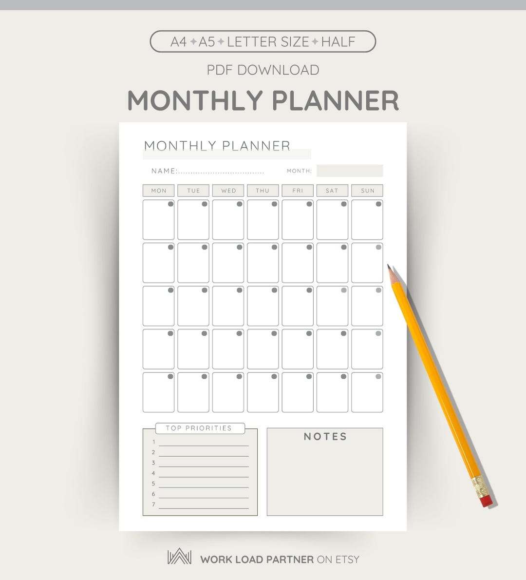 Minimalist Monthly Planner Printable • Undated Calendar (digital ...