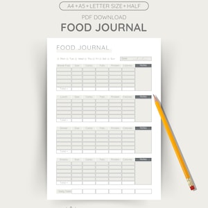 May include: A white PDF food journal with a detailed layout for tracking meals, including sections for breakfast, lunch, dinner, and snacks. The journal includes space for size, carbs, fats, protein, calories, and notes. A yellow pencil rests on the right side.