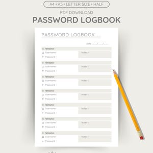 以下が含まれることがあります： 白いパスワードログブックと黄色の鉛筆。 ログブックには、ウェブサイト、ユーザー名、パスワードのセクションがあり、メモ用のスペースがあります。 上部には「PASSWORD LOGBOOK」という文字があります。 ログブックはA4、A5、レターサイズです。