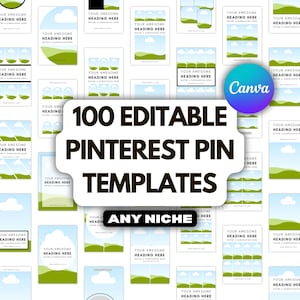 May include: A digital illustration of 100 editable Pinterest pin templates with a green and blue color scheme. The text "100 Editable Pinterest Pin Templates" is in black text. The text "Any Niche" is in white text on a green background.