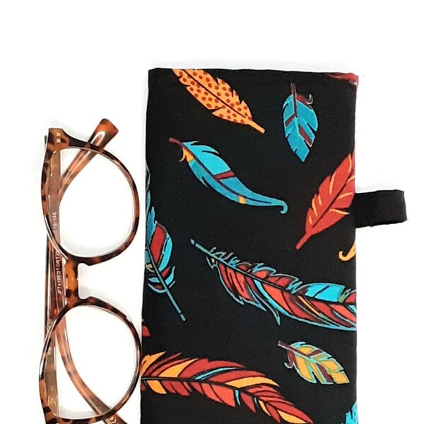 Native American Feathers Eyeglass case, Soft Fabric Sunglass case, soft padded pouch. Free shipping! XL size also avail.