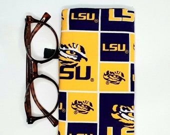 LSU Eyeglass case, Louisiana State Soft Fabric Sunglass case, soft padded pouch. Free shipping! XL size also avail.