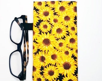 Yellow Sunflowers Daisies  Eyeglass case, Soft Fabric Sunglass case, soft padded pouch. Free shipping! XL size also avail.