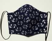 XL size Blue Navy Sailor Anchor Reusable and Washable Cotton Breathable Face Mask with Filter for Adult Men. Made in the USA Free shipping